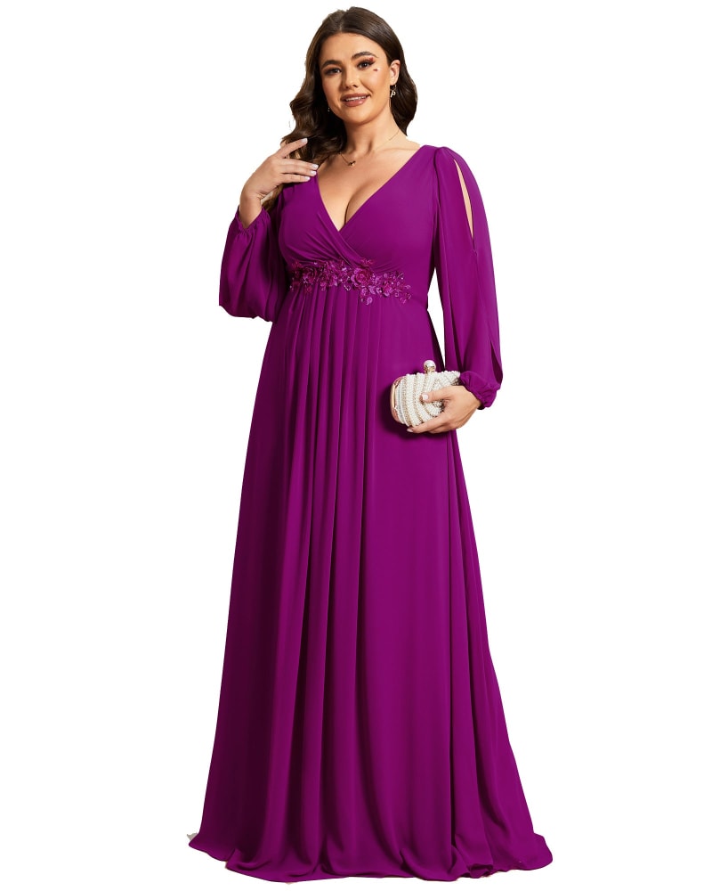 Front of a model wearing a size 10 Chiffon V-Neckline Long Sleeve Formal Evening Dress in Fuchsia by Ever-Pretty. | dia_product_style_image_id:328356